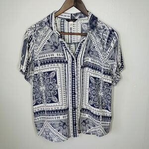 Supplies Button Up Shirt Short Sleeve Navy Blue White Boho‎ Bandana Size Medium